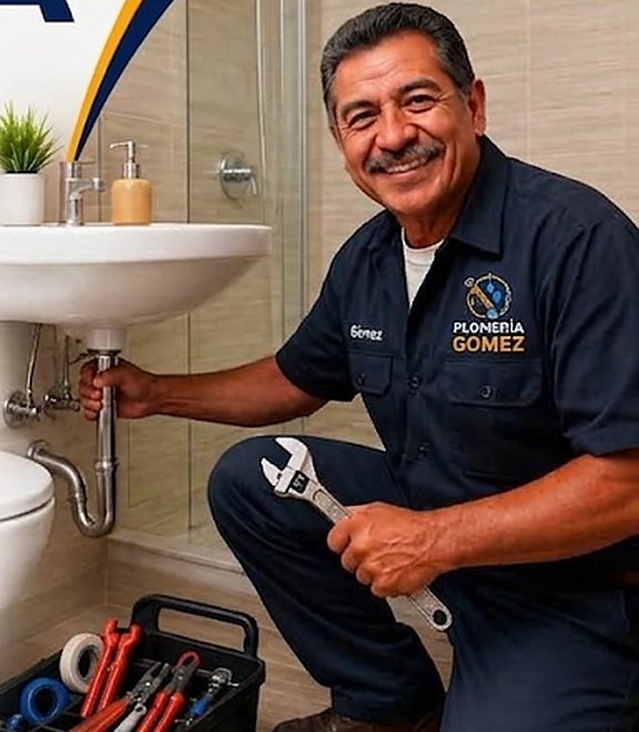 Plomero de Plomería Gómez sonriendo mientras revisa la tubería de un lavabo con una llave ajustable en la mano
